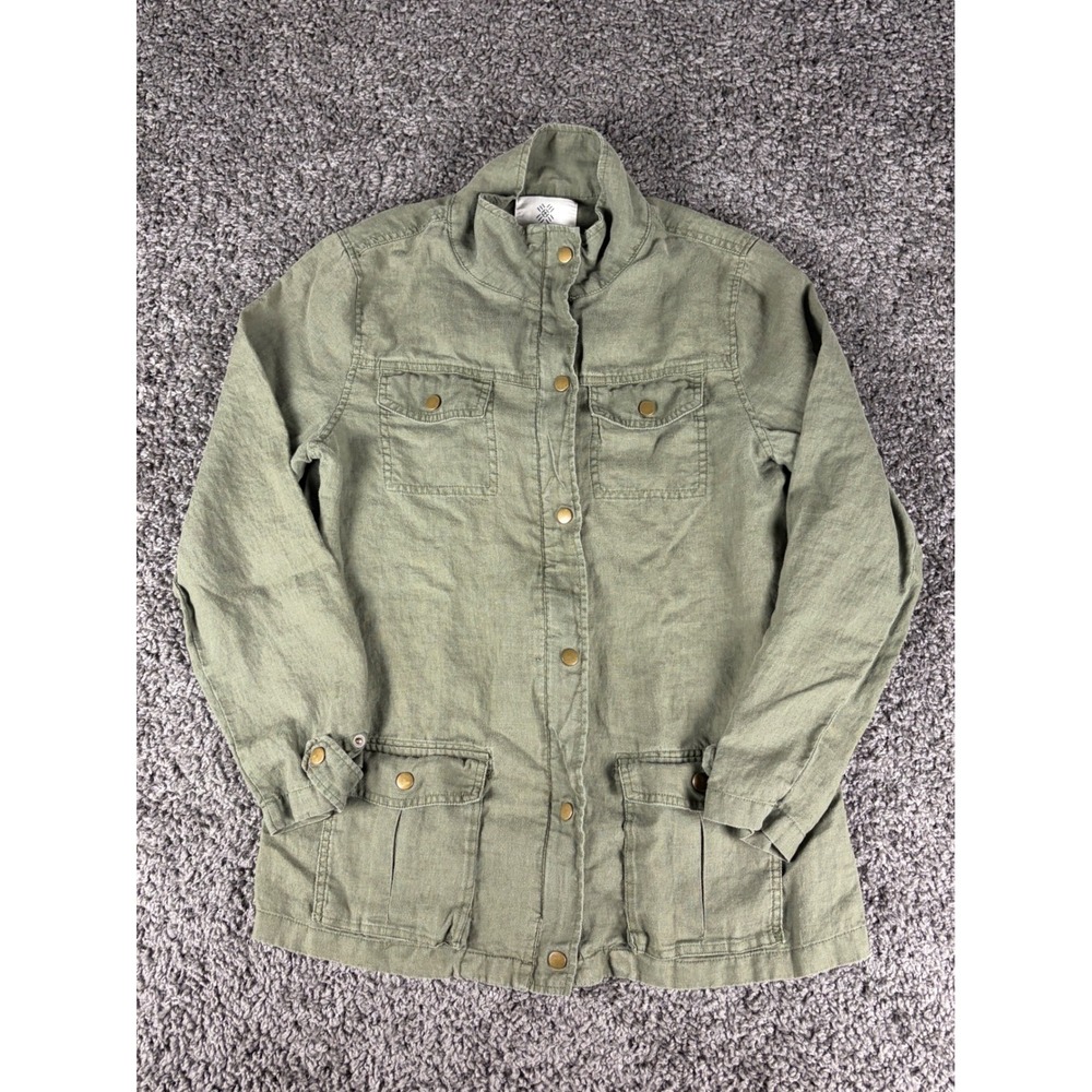 Artisan NY Women Olive Green 100% Linen Utility Field Jacket Full Zip Medium
